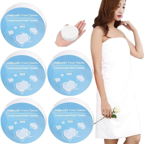 Premium Reusable Bath Towel Compressed Towels Cotton (55 x 28 in) Thicker Large Travel Towel (5 Pack)
